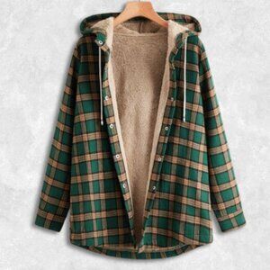 ROMWE Green and Tan Plaid Teddy-Lined Hooded Jacket